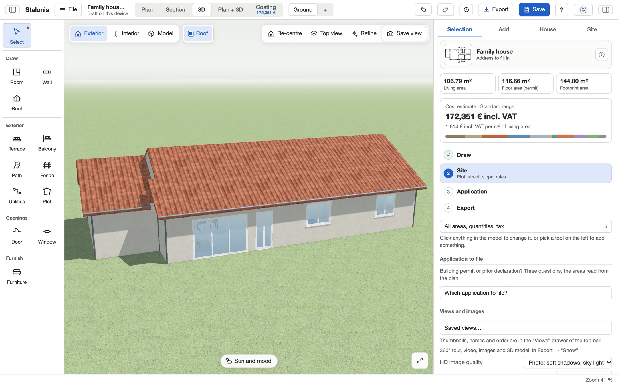 The Stalonis editor showing a house in the 3D view, with its tools and side panel