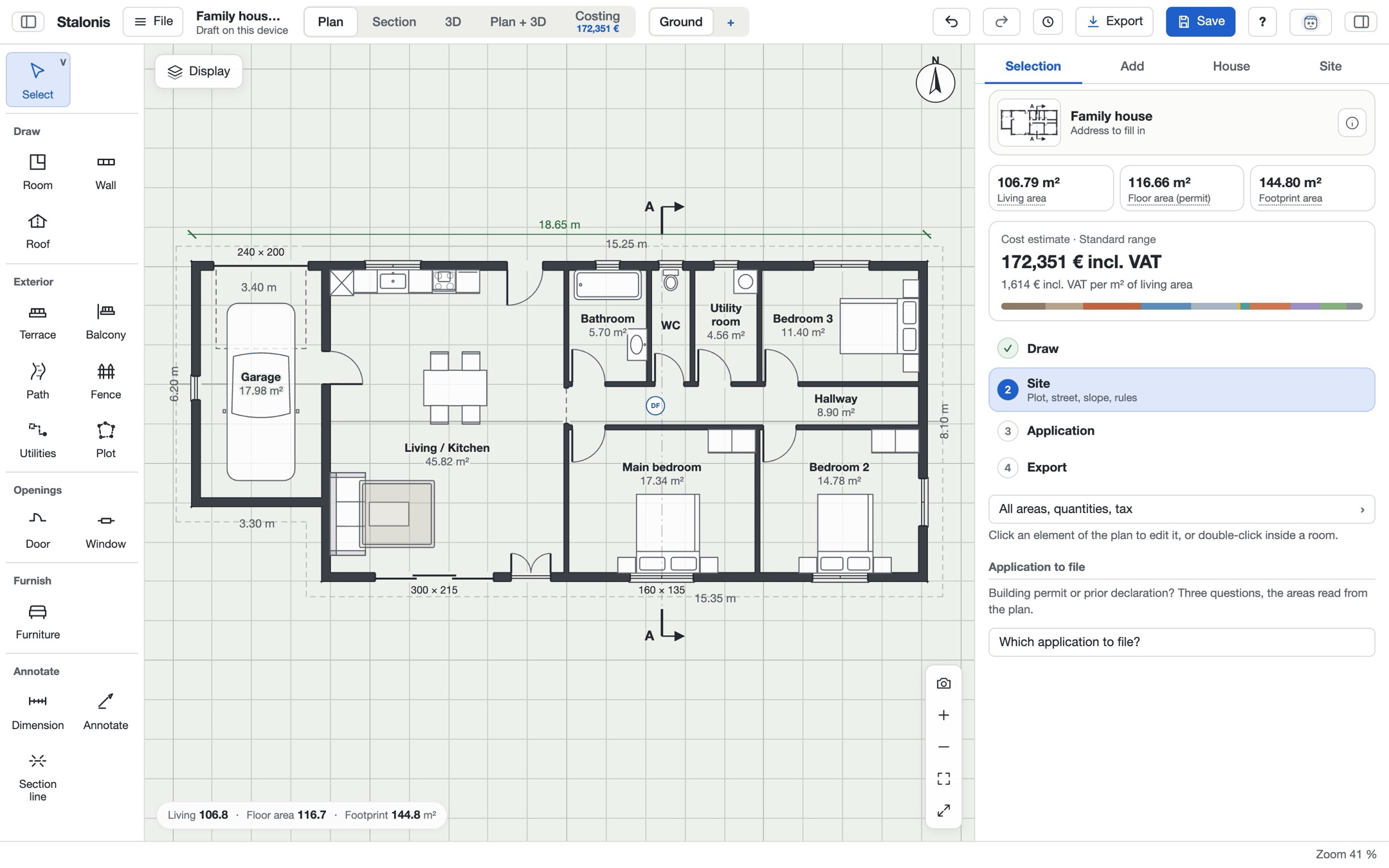 2D floor plan with rooms, furniture and dimensions