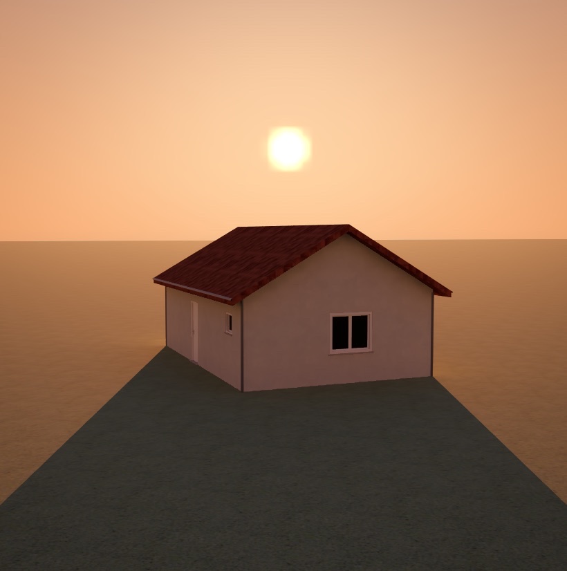 Exterior render of a house at sunset